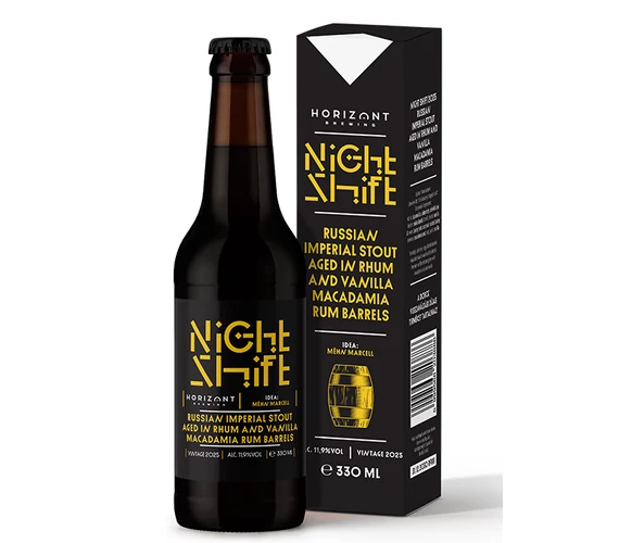 Night Shift Vintage 2025 / Russian Imperial Stout rumos és rhumos hordóban érlelve, makadámdióval és vaníliával